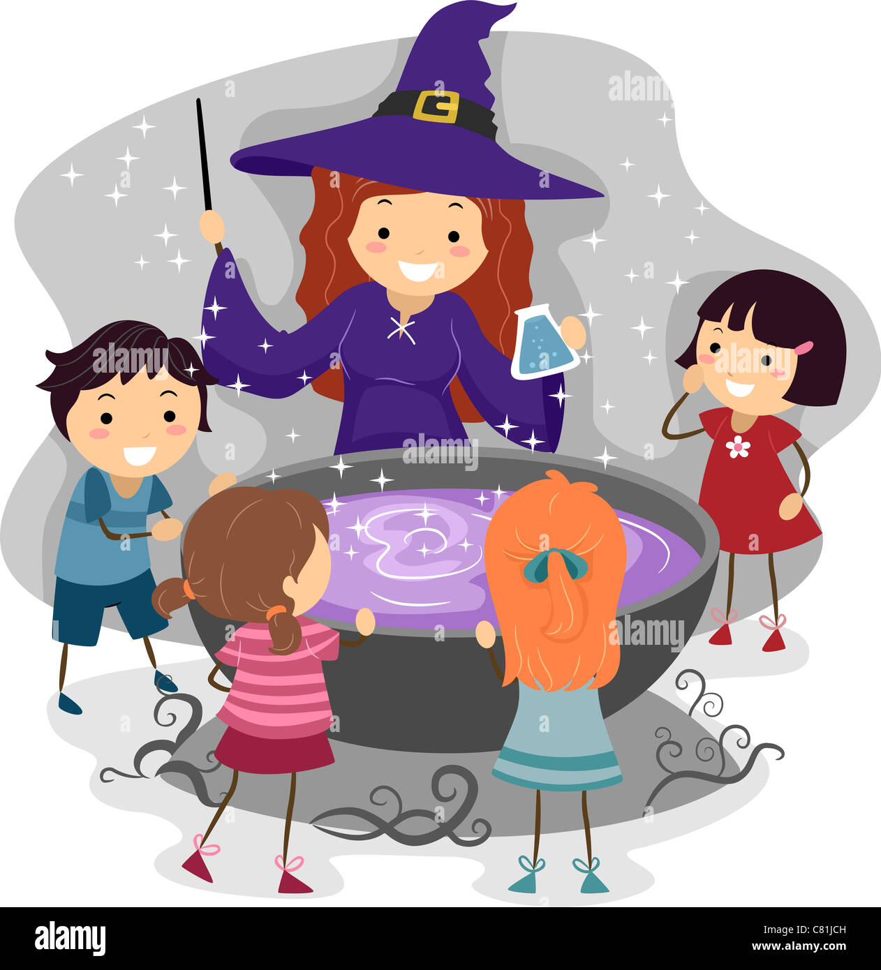Illustration d'Enfants regardant une sorcière a jeté un sort Banque D'Images