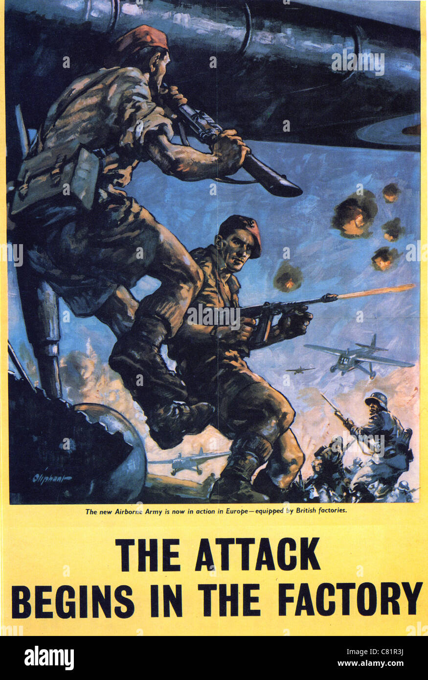 L'attaque commence dans l'usine d'une série d'affiches de la WW2 avec le même titre et des images. Voir Description Banque D'Images