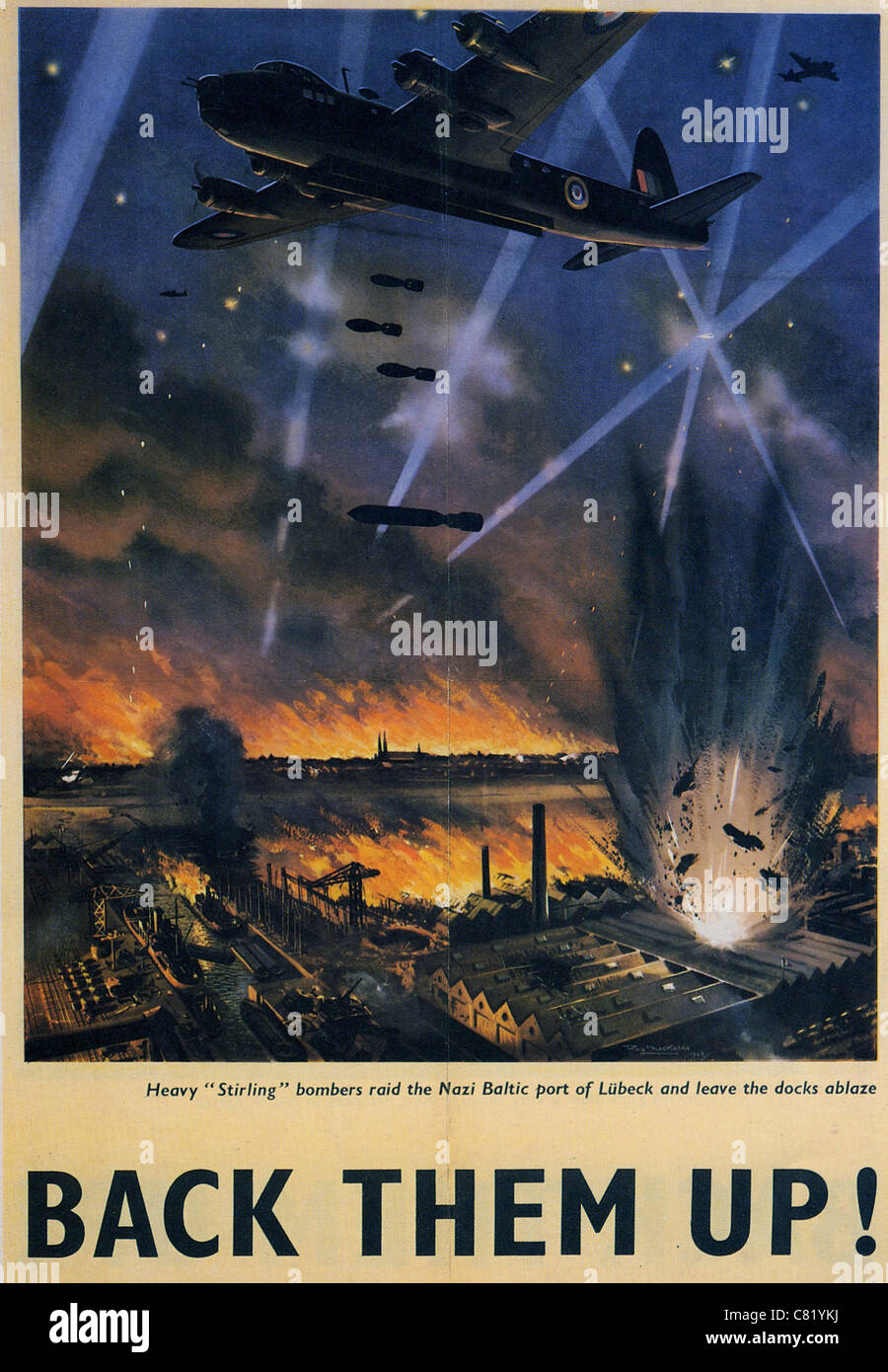 Sauvegardez-les ! La WW2 affiche montrant des bombardiers Stirling raid sur les usines. L'un d'une série d'affiches avec le même thème Banque D'Images