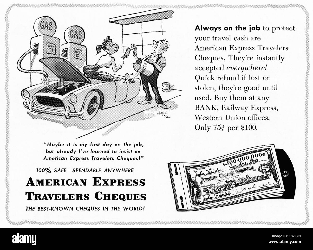 Publicité dans un magazine américain vers 1954 publicité AMERICAN EXPRESS CHÈQUES DE VOYAGE Banque D'Images