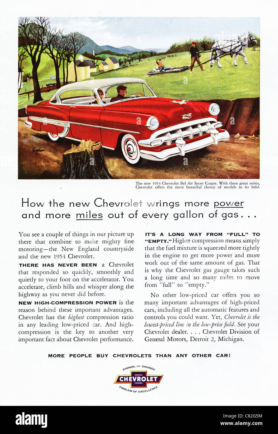 Publicité dans un magazine américain vers 1954 publicité véhicules Chevrolet Banque D'Images