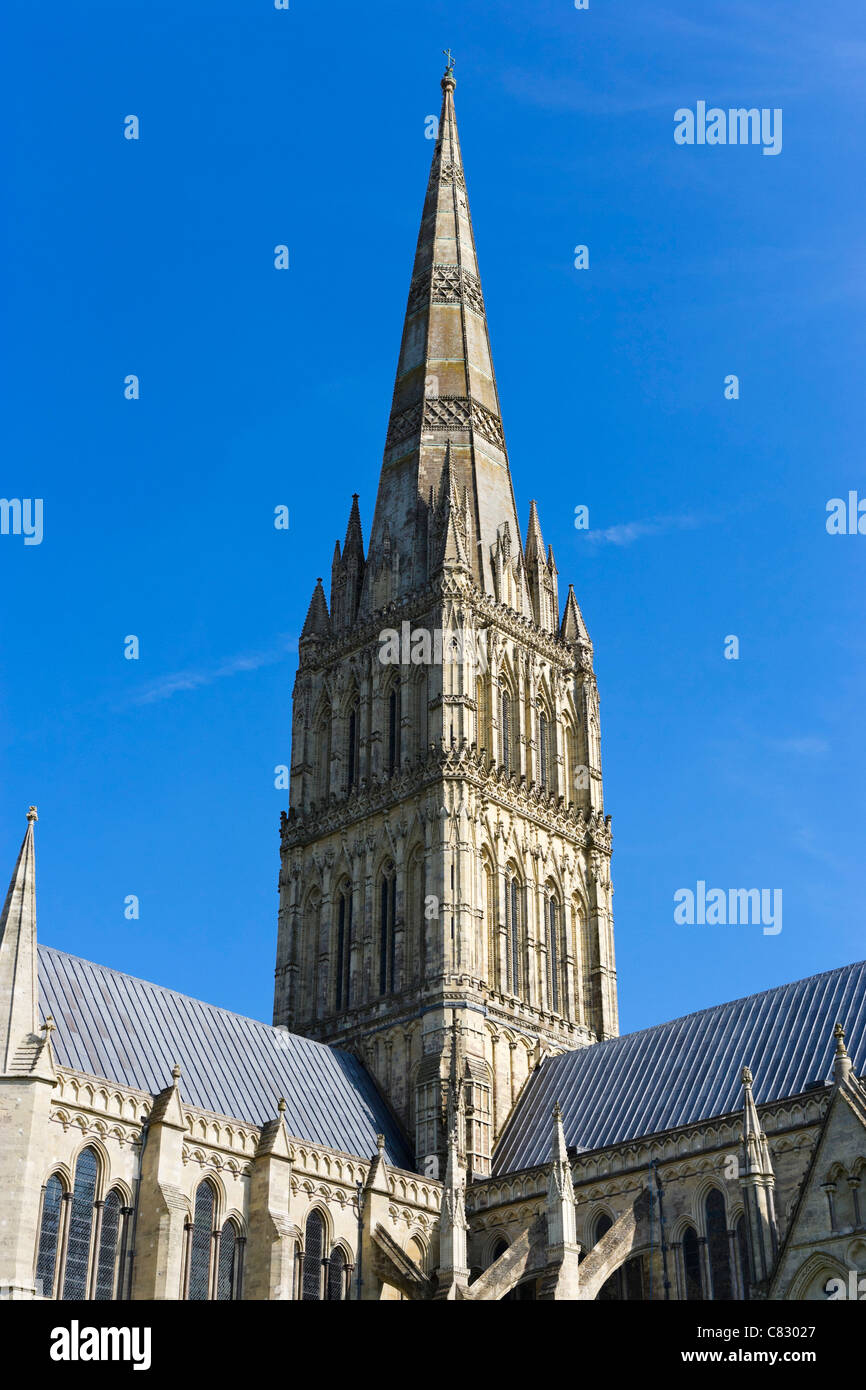 La flèche de la cathédrale de Salisbury, le fermer, Salisbury, Wiltshire, Angleterre, Royaume-Uni Banque D'Images