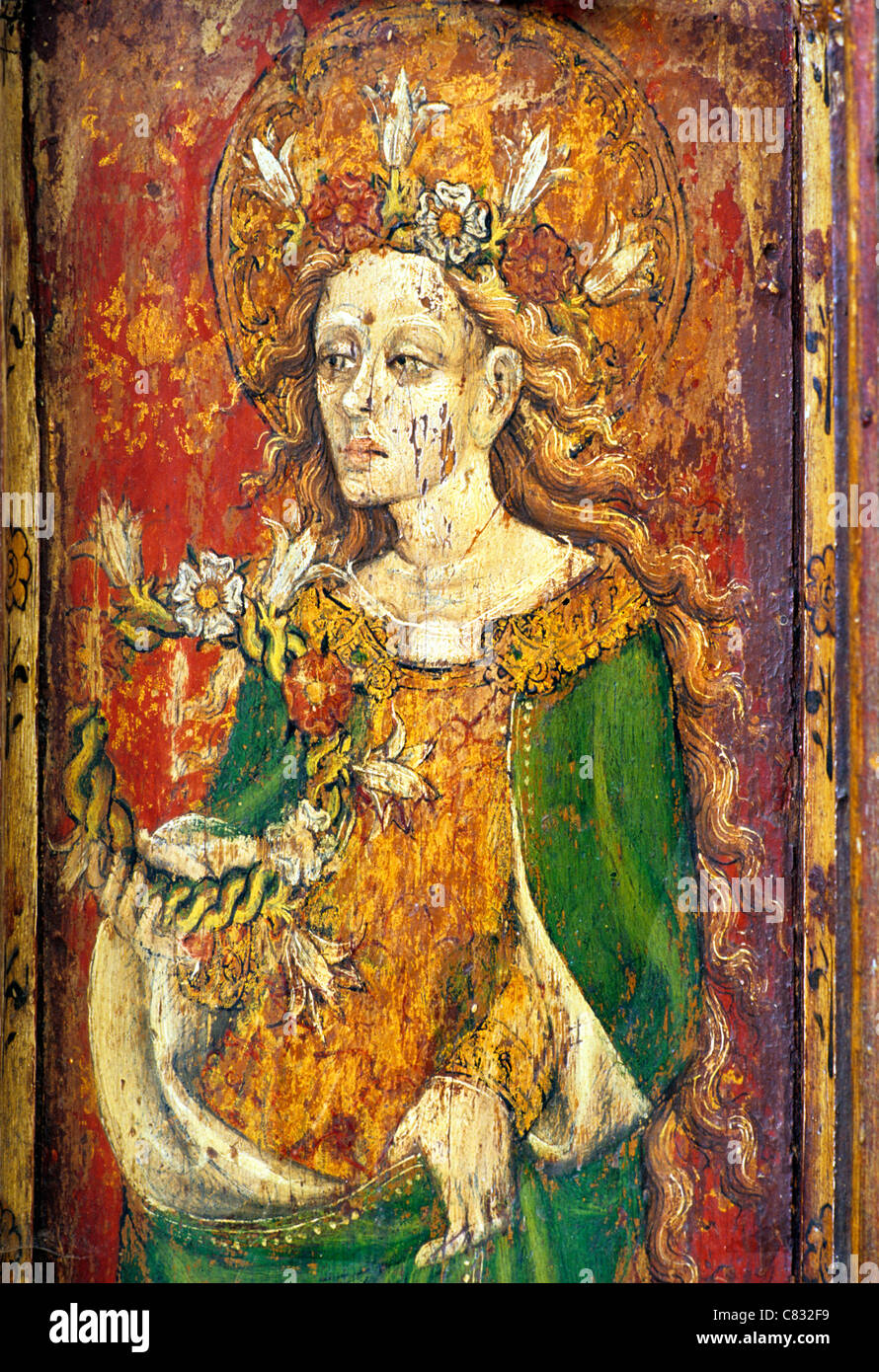 North Elmham, Norfolk, jubé, Sainte Cécile, patronne de la musique médiévale anglaise panneau peint peintures peinture écrans Banque D'Images