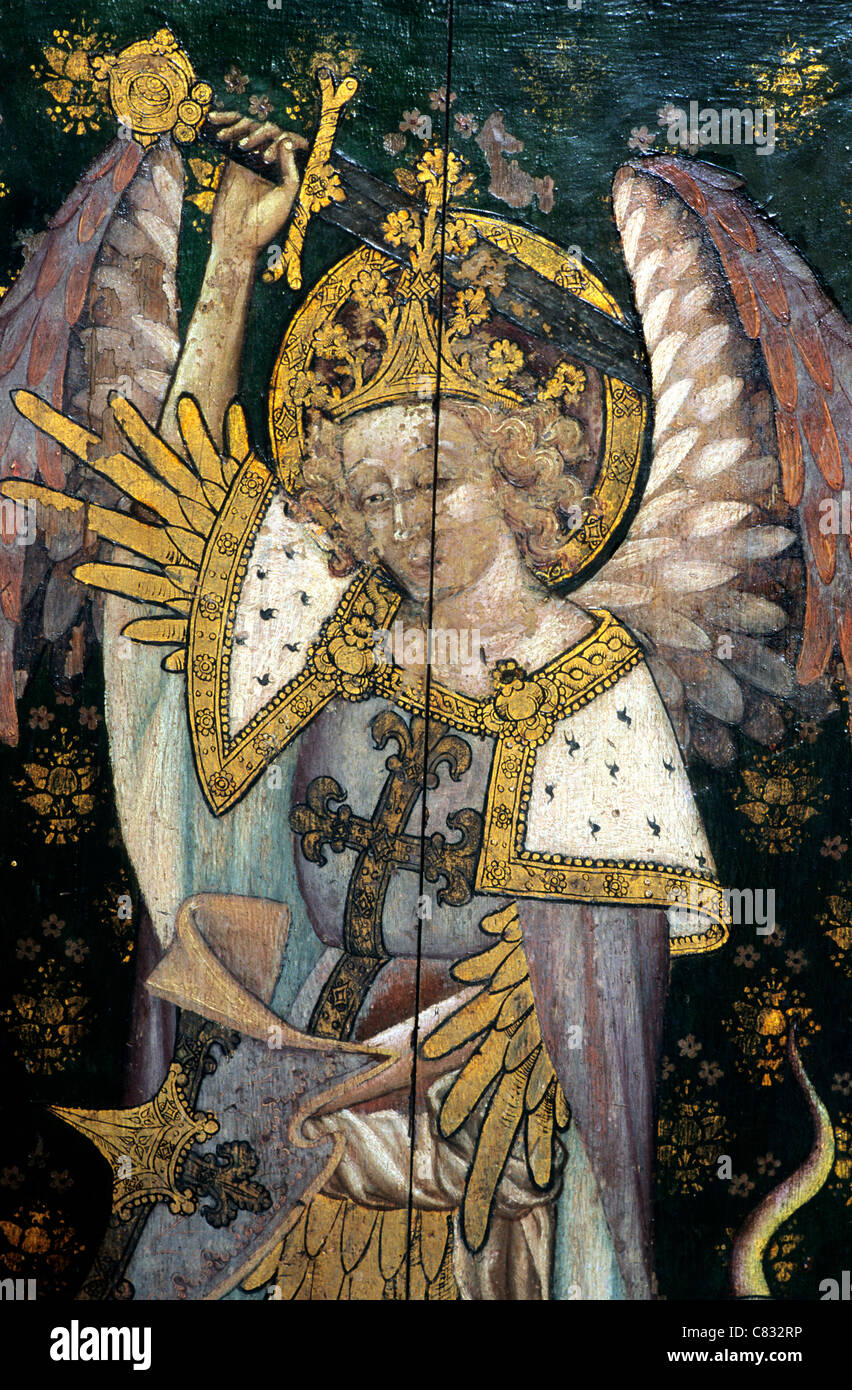 Ranworth, Norfolk, jubé, Saint Michel Archange, détail, maniant épée médiévale peintures peinture écrans Anglais Banque D'Images