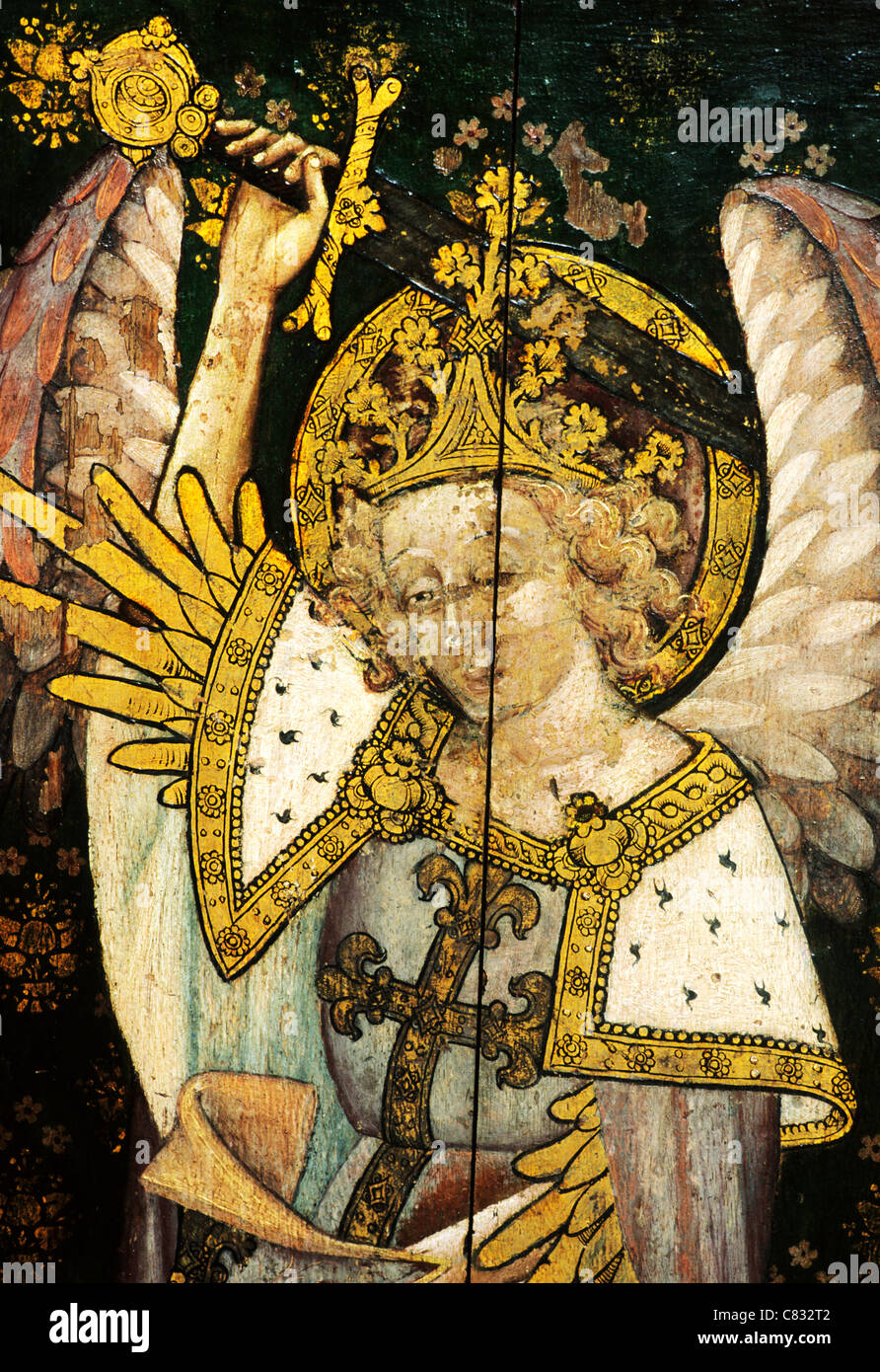 Ranworth, Norfolk, jubé, Saint Michel Archange, détail, maniant épée médiévale peintures peinture écrans Anglais Banque D'Images