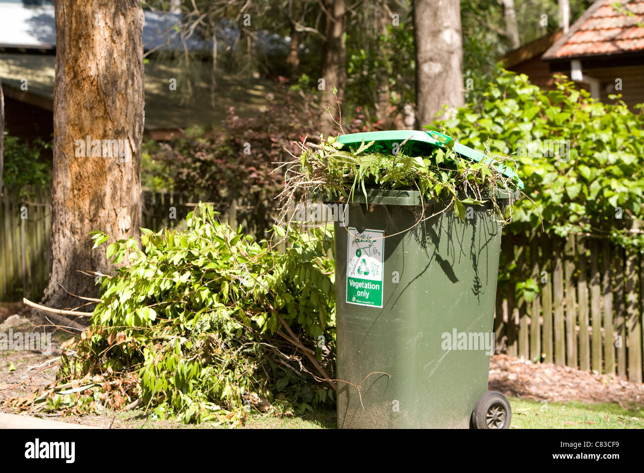 Geeen jardin au bord de la route des déchets en attente de collecte pour recyclage conseil,North Sydney, Australie Banque D'Images