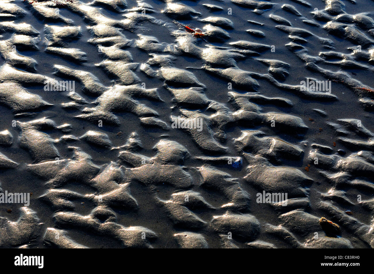 Les motifs dans le sable de l'eau s'éloignent à marée basse sur la plage de West Wittering, West Sussex, Angleterre, Royaume-Uni Banque D'Images