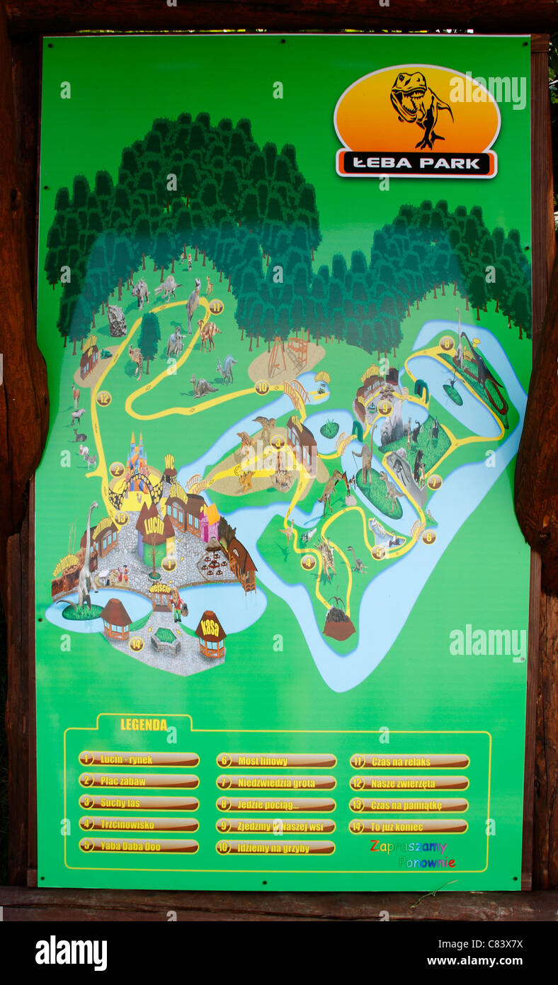 Parc des dinosaures de Leba (parc à thème) la carte, Pologne Banque D'Images