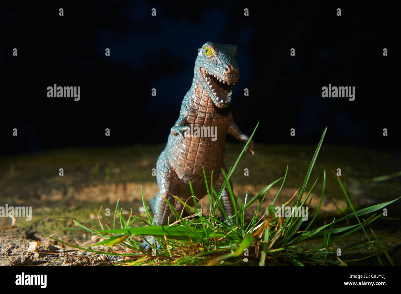 Jouet figurine dinosaure dans un vrai paysage nature en plein air dans la nuit Banque D'Images