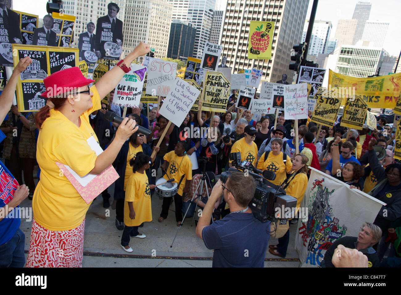 Protestation contre les banquiers hypothécaires, Hyatt Regency Chicago. Chicago occupent de protestation. Banque D'Images