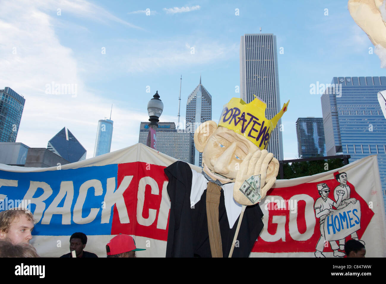Les entreprises parasites marionnette. Chicago occupent de protestation. Banque D'Images