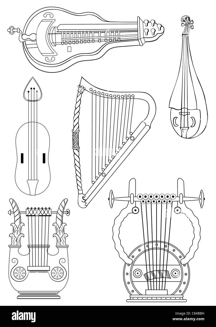 Divers instruments cordes antique - Harp - Lyra Banque D'Images