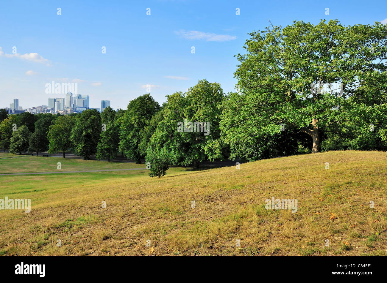 Greenwich Park, sud-est de Londres, Royaume-Uni, en regardant vers Canary Wharf à distance Banque D'Images