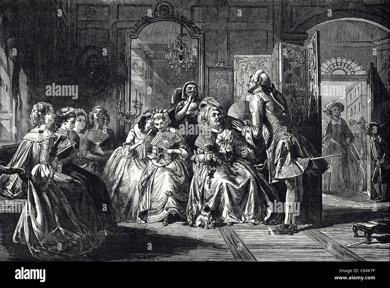 Circa 1849 gravure victorienne de l'ACADÉMIE POUR L'ENSEIGNEMENT DANS LA DISCIPLINE DU VENTILATEUR 1711 peint par Abraham Solomon 1823 - 1862 Banque D'Images