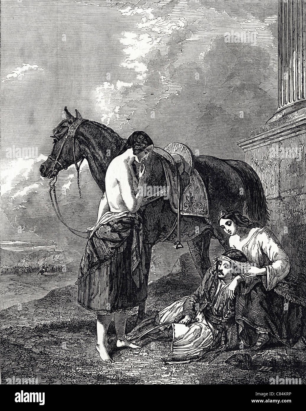 Circa 1849 gravure victorienne du grec blessé peint par Abraham Cooper RA 1787 - 1868 Banque D'Images