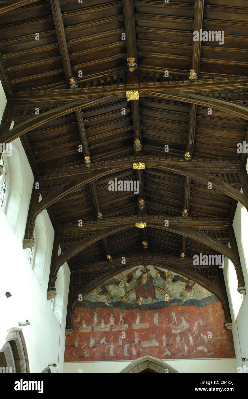 La peinture de Doom et un plafond en bois, Eglise St Mary, Oliena, Leicestershire, England, UK Banque D'Images
