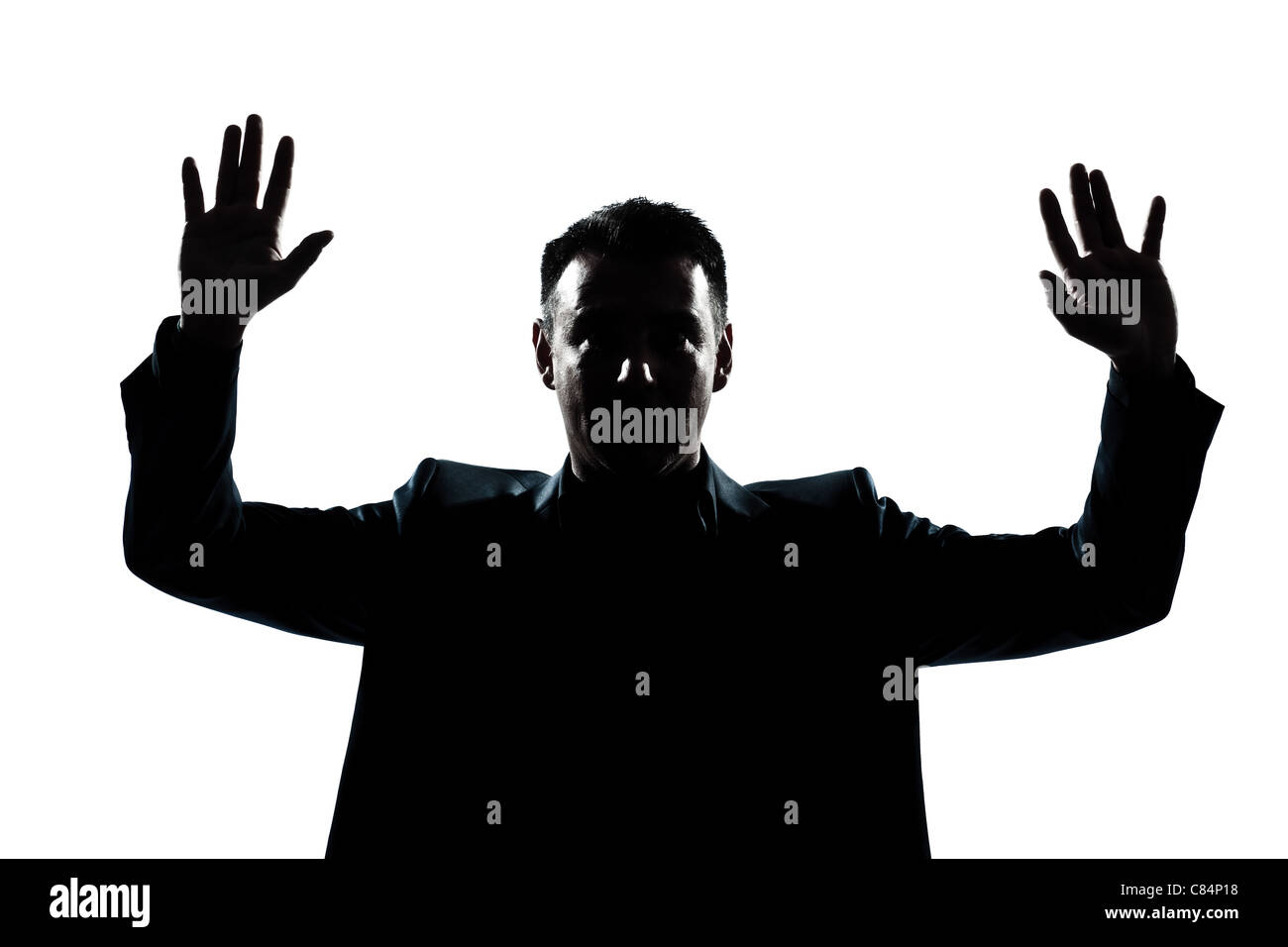 Portrait d'un homme dans les mains de silhouette studio isolé sur fond blanc Banque D'Images