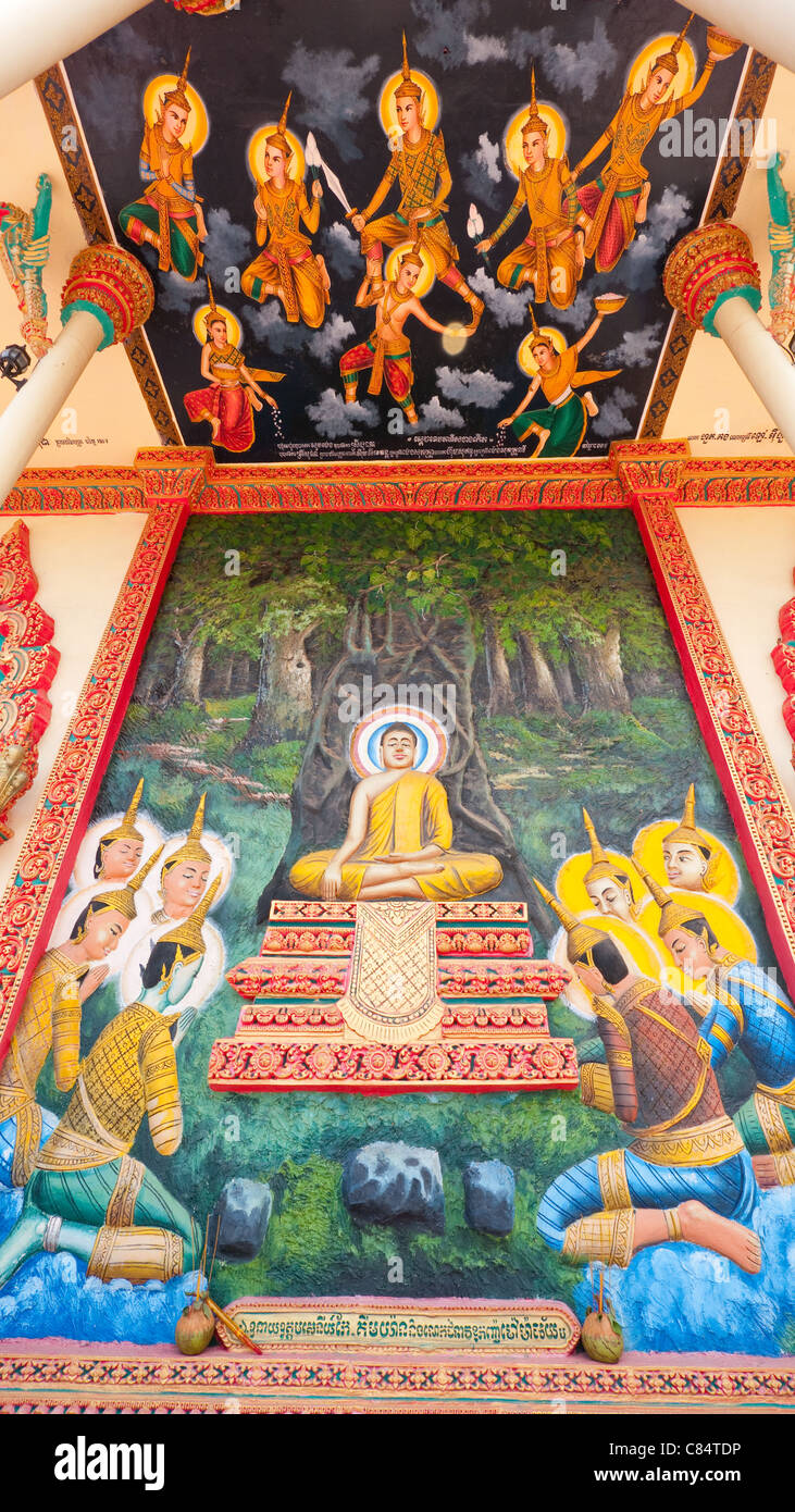 La peinture religieuse avec l'image du Bouddha au temple bouddhiste à Sisophon, province de Banteay Meanchey, au Cambodge Banque D'Images