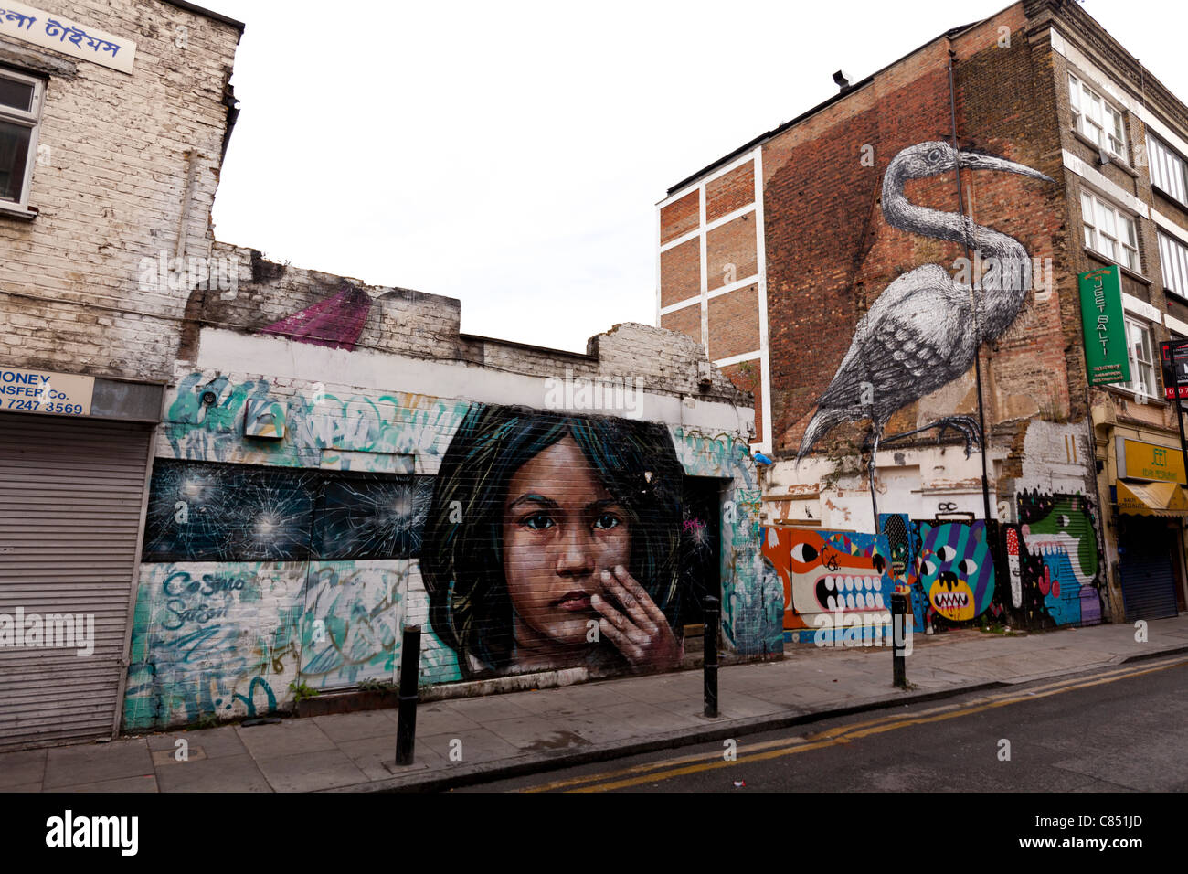 Street art par Cosmo Sarson, Hanbury Street London, Angleterre. "L'image est d'une fille du Bangladesh entouré par decay' Banque D'Images