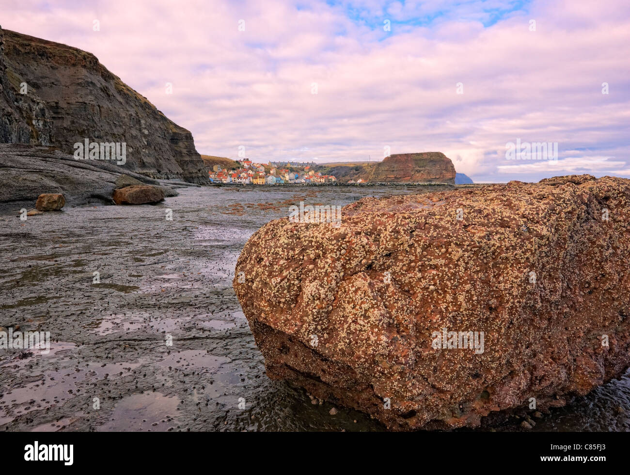 Le village de Staithes Yorkshire du nord de l'estran rocheux à marée basse. Banque D'Images