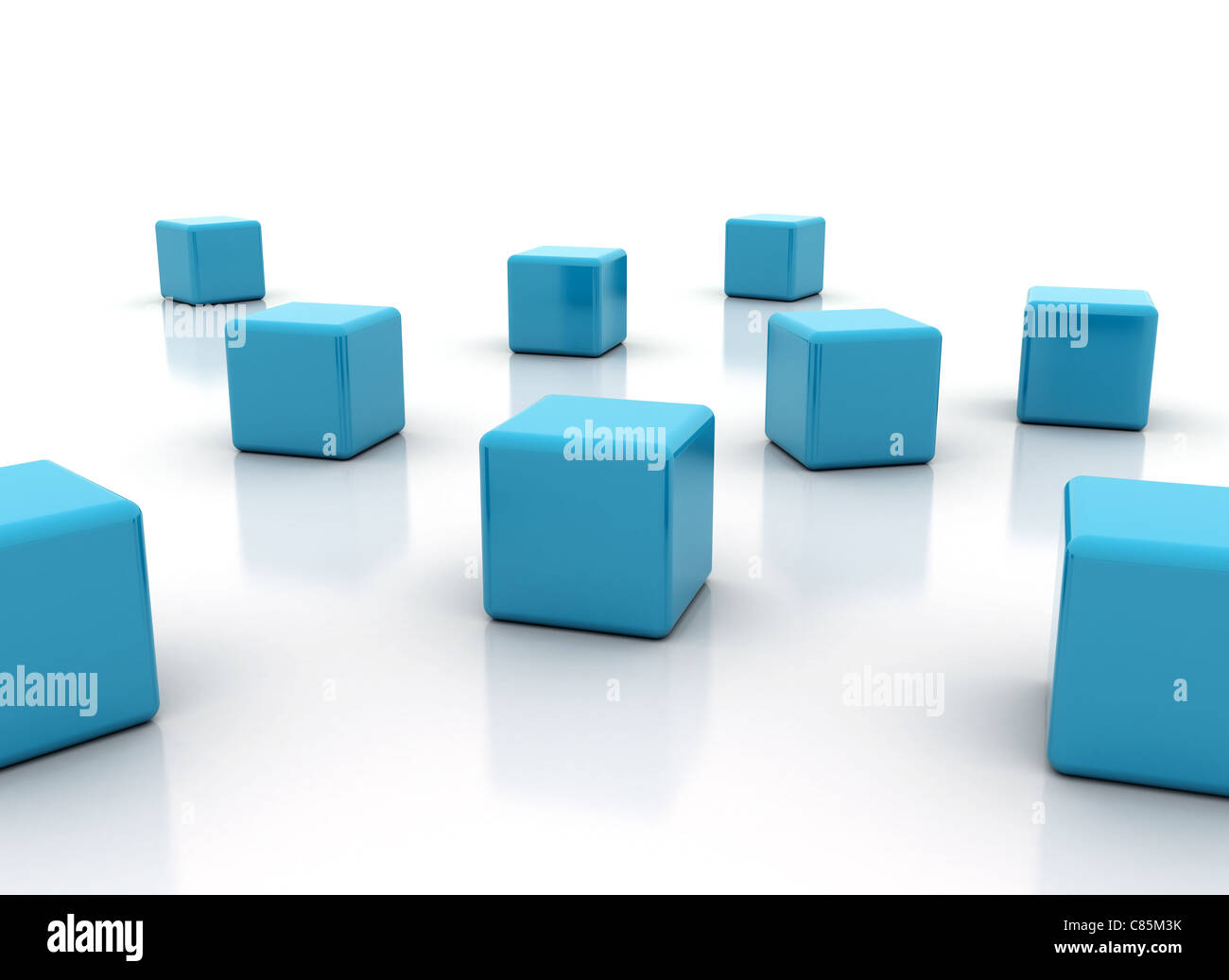 Concept de réseau cubes bleus sur fond blanc Banque D'Images