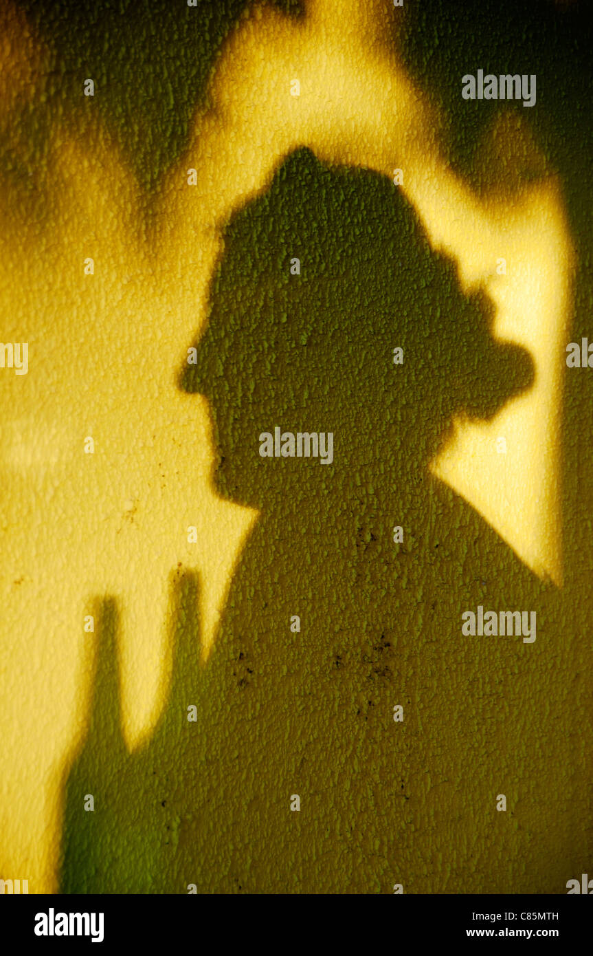 Ombre d'une femme et de bouteilles au coucher du soleil Banque D'Images