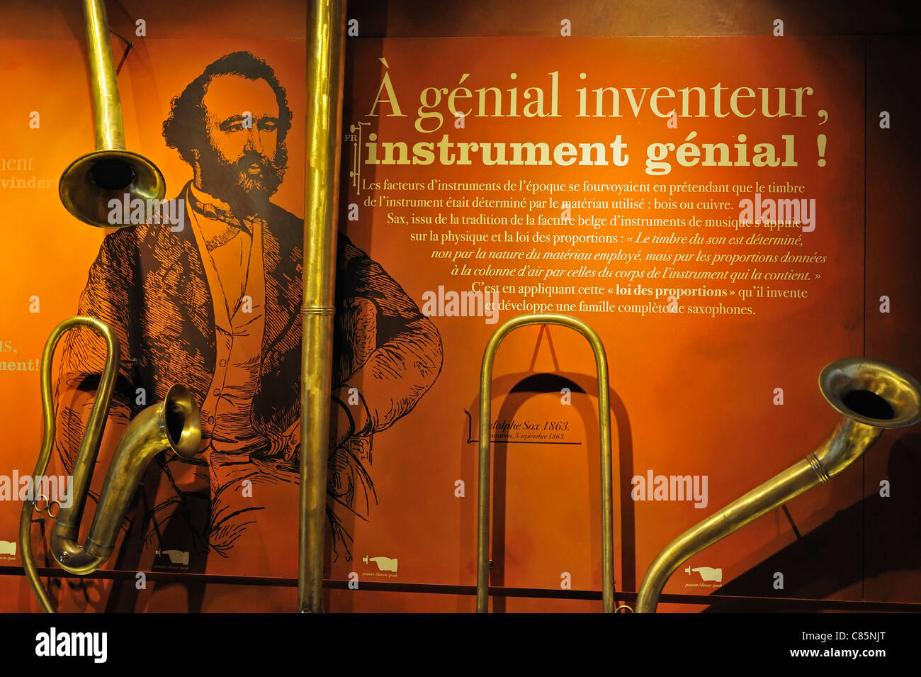 Dans le musée des instruments de musique / Lieu de naissance d'Adolphe Sax, inventeur du saxophone, Dinant, Belgique Banque D'Images