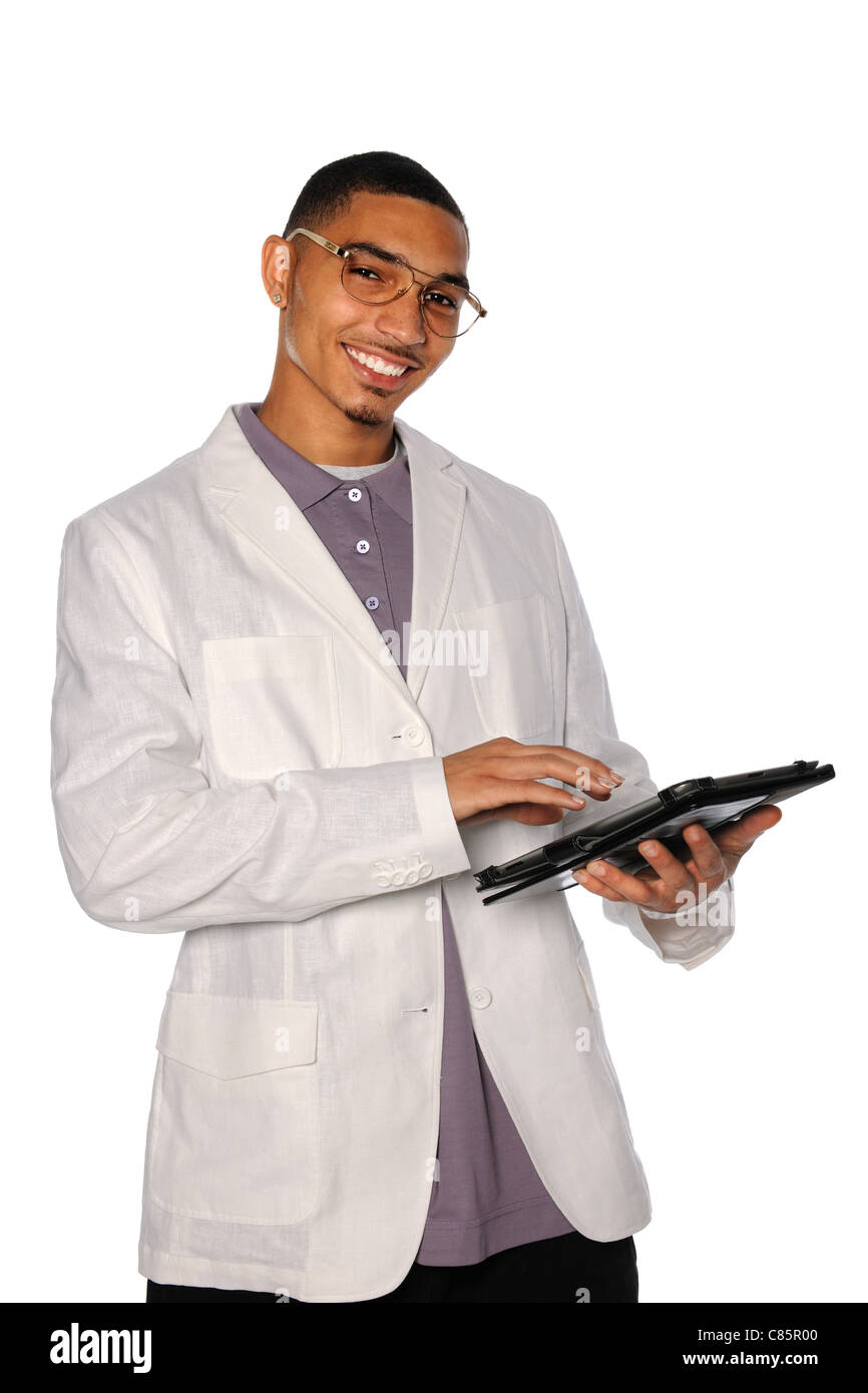 Portrait of African American businessman à l'aide de tablette électronique isolated over white background Banque D'Images