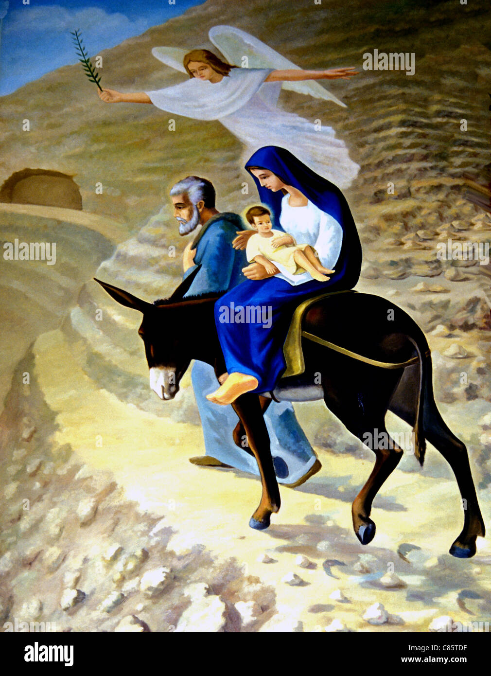Peinture murale du voyage de la Sainte Famille en Egypte, Joseph, Marie