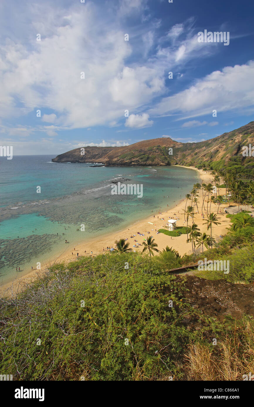 Grand angle de vue d'Hanauma Bay Nature préserver près de Honolulu, Hawaii, avec des nuages blancs et un ciel bleu à la verticale Banque D'Images