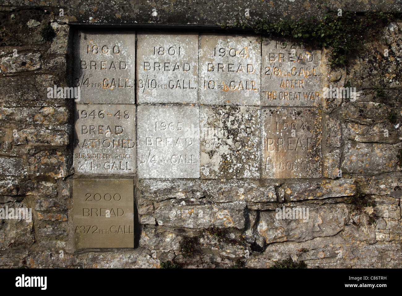 Gros plan sur les tablettes de pierre enregistrant le prix du pain sur deux siècles. Great Wisford, près de Salisbury, Wiltshire, Angleterre, Royaume-Uni Banque D'Images