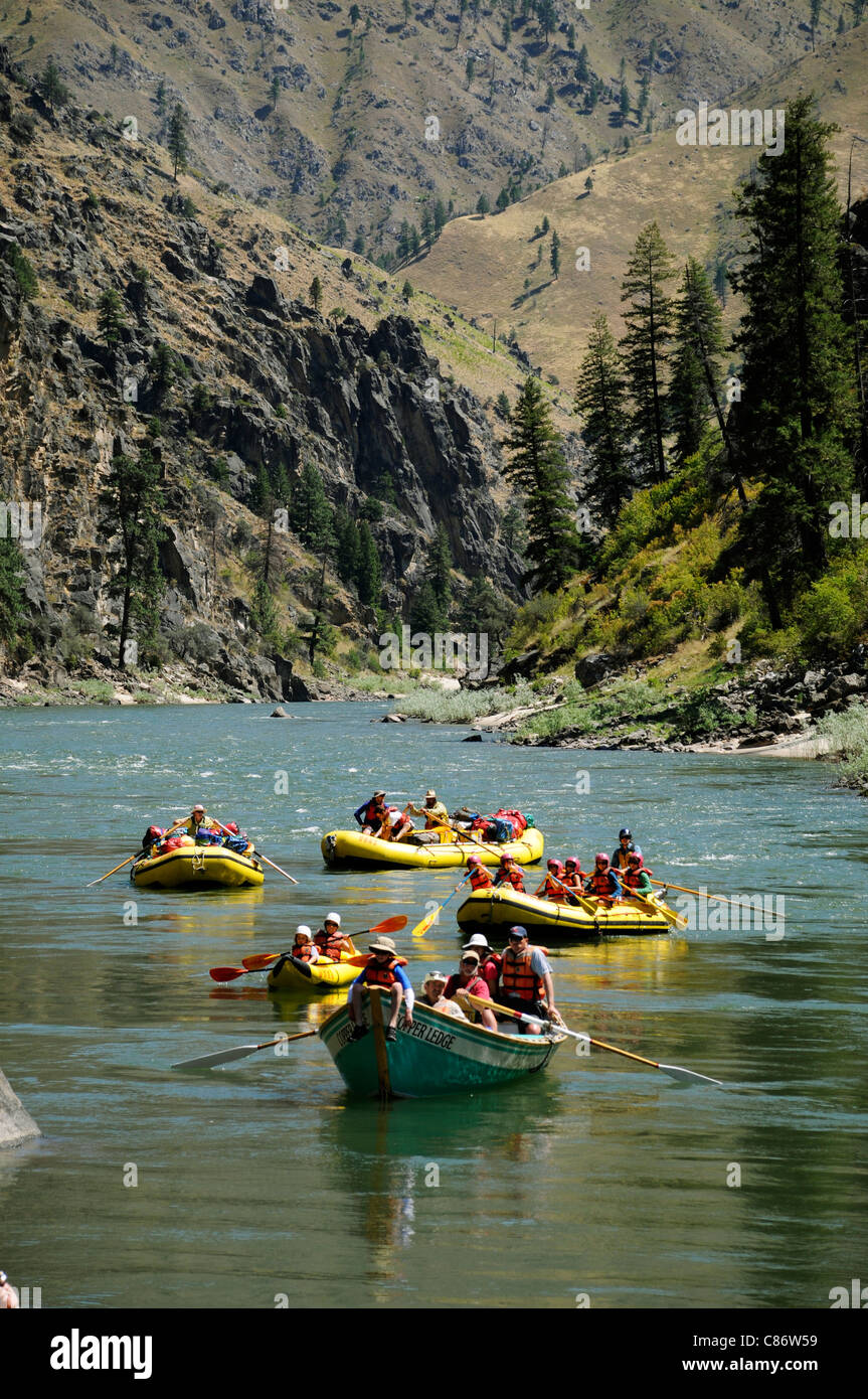 La patte caoutchouc bateaux, d'engins de pêche bateau, dory et kayaks gonflables avec le groupe O.A.R.S. on Main Salmon River dans l'Idaho Banque D'Images