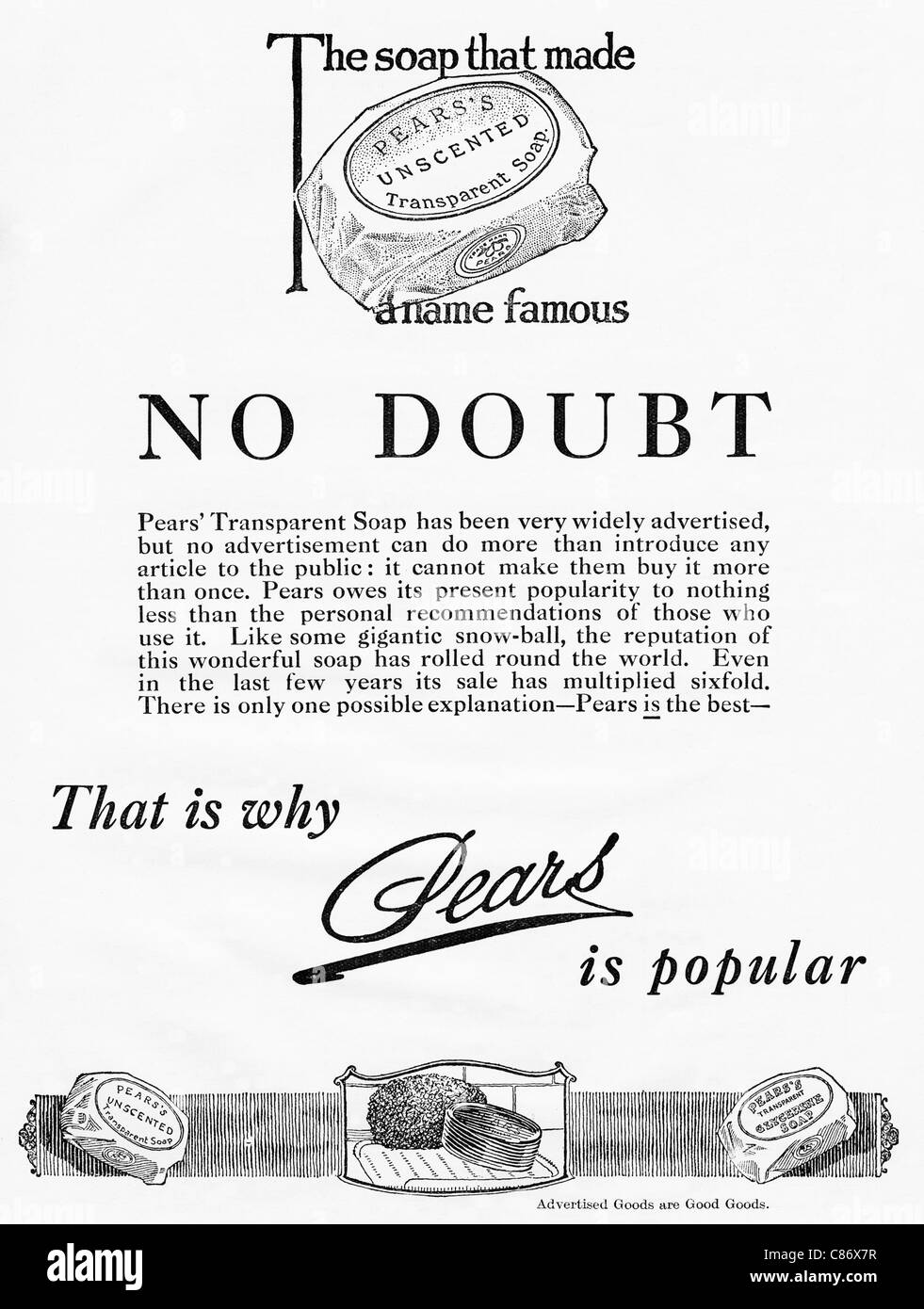 Magazine des années 1920 Publicité Publicité SAVON TRANSPARENT POIRES Banque D'Images