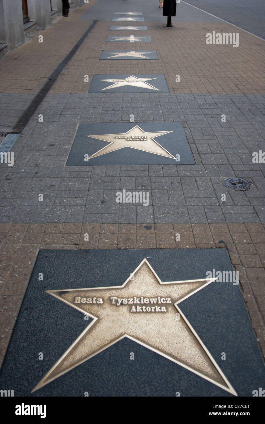 Étoile de célèbres réalisateurs et acteurs dans la ville polonaise de Lodz sur la plus longue rue appelée rue Piotrkowska Banque D'Images