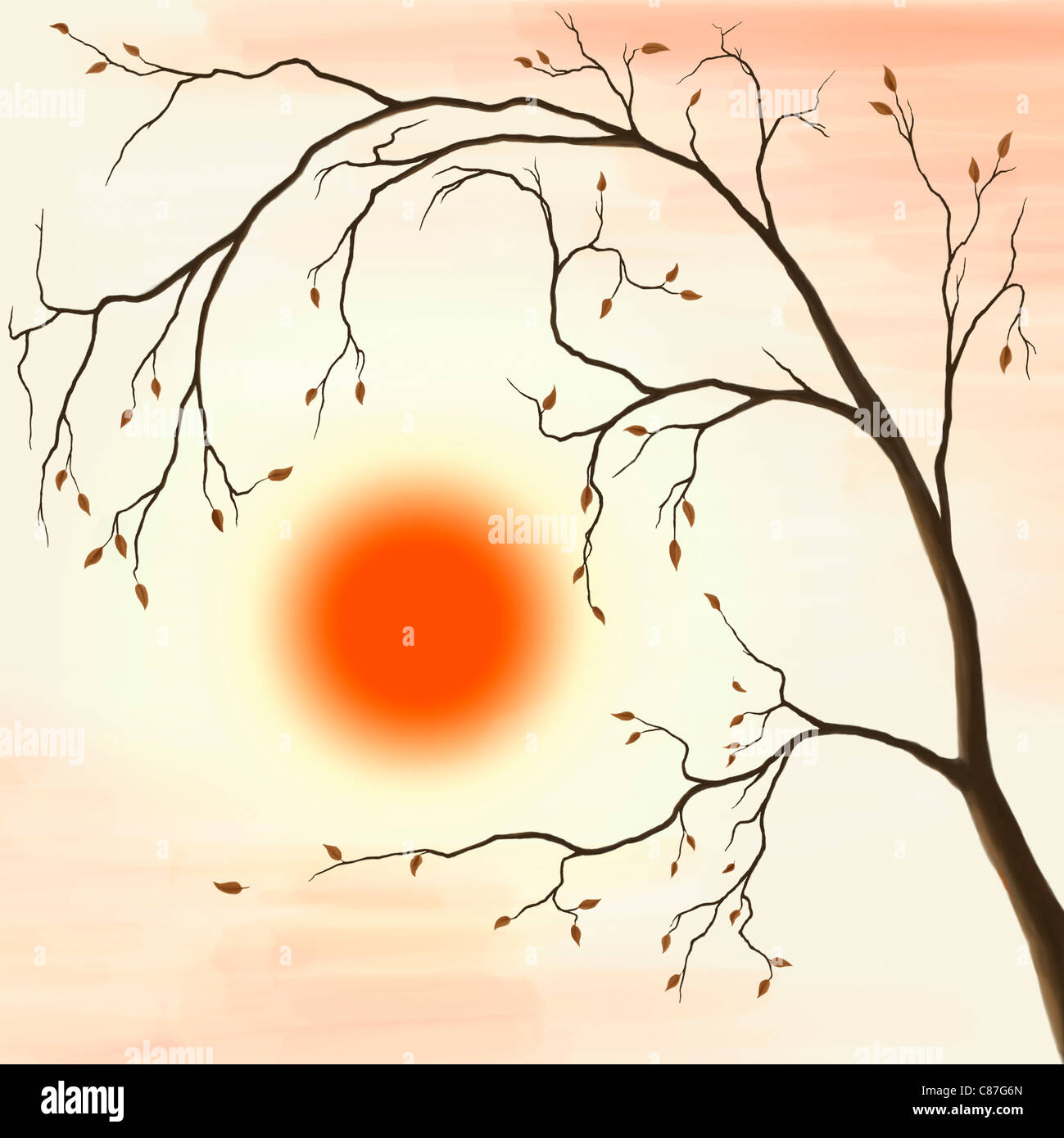 Illustration d'un cerisier à la chute des feuilles en automne paysage coucher de soleil rouge Banque D'Images