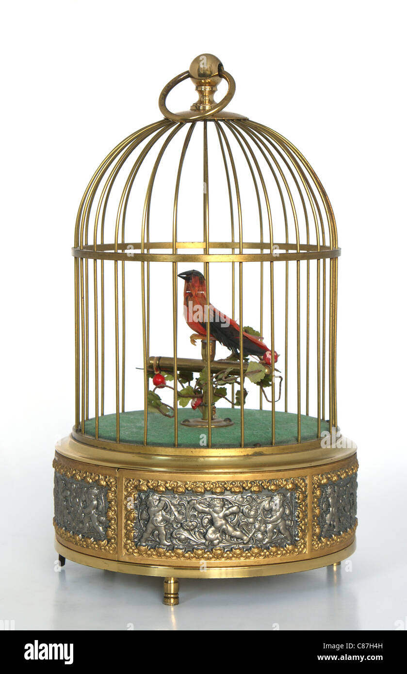 Oiseau rouge musical dans une cage en métal doré d'Allemagne Photo Stock -  Alamy