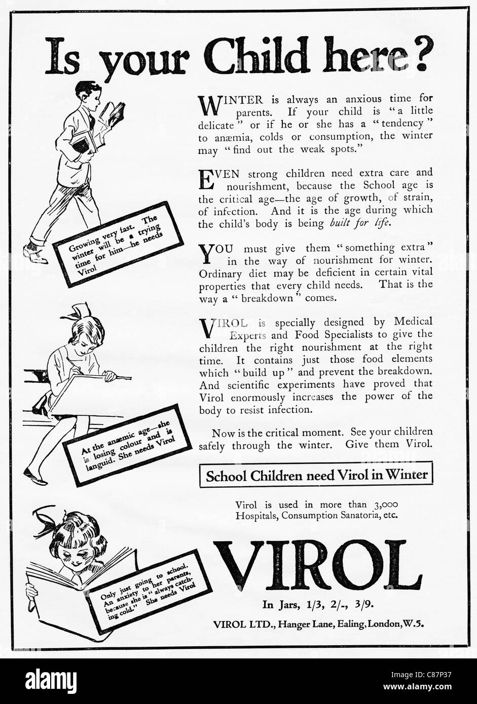 Magazine des années 1920 Publicité Publicité VIROL des aliments de santé Banque D'Images