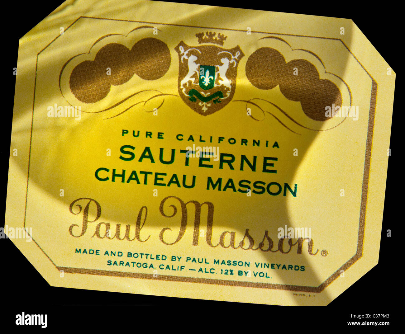 Paul Masson avec étiquette bouteille de vin Sauterne ombre de verre de vin et vin blanc tourbillonnant Saratoga California USA Banque D'Images