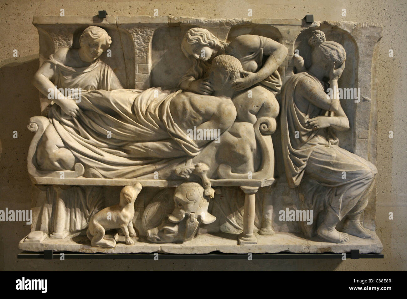 Mort de Meleager au secours du 2e siècle romain annonce de la collection Borghèse sur l'affichage dans le musée du Louvre à Paris, France. Banque D'Images