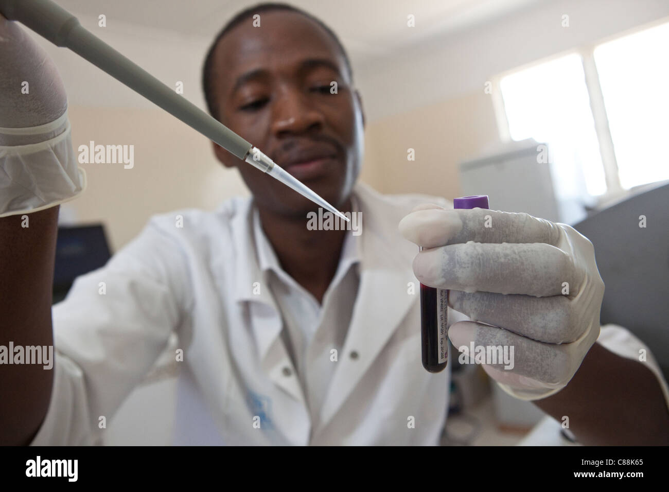 Un des techniciens de laboratoire des échantillons de sang d'essai des patients atteints du VIH dans un hôpital de Luanshya, Zambie. Banque D'Images