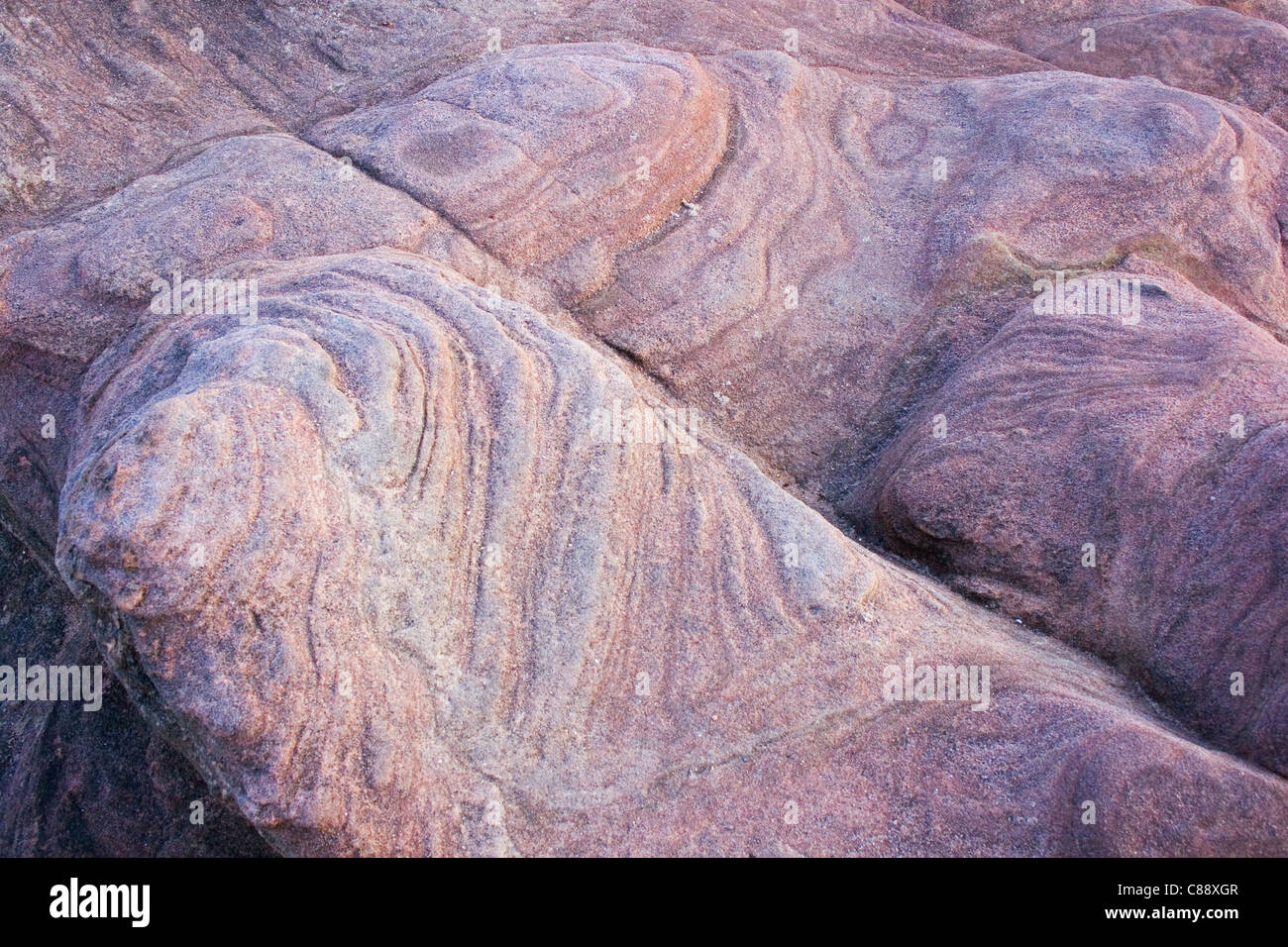 Largs, côte de Northumberland, en Angleterre. Des formations de roche de grès rose. Banque D'Images