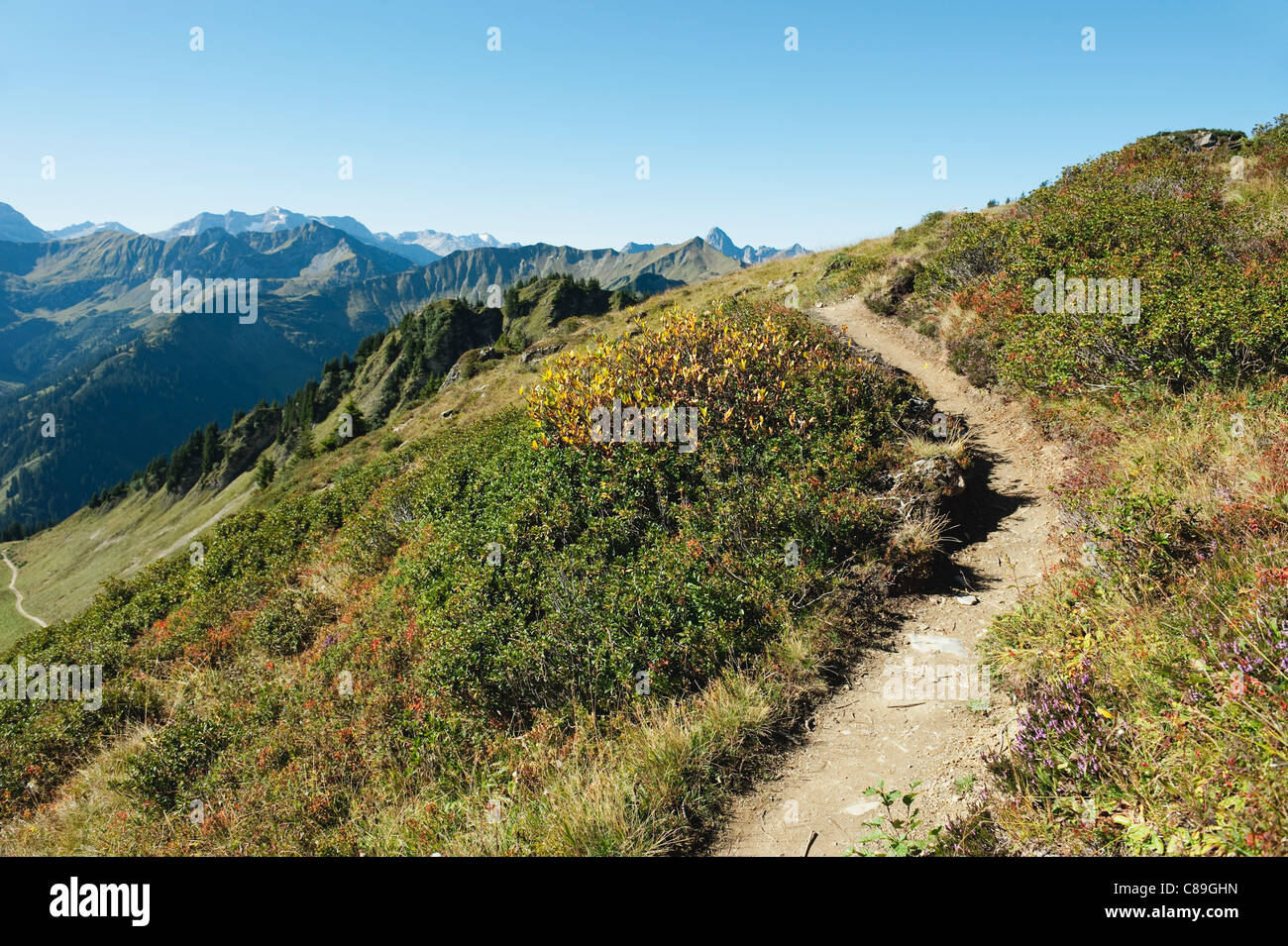 L'Autriche, Kleinwalsertal, Vue du chemin de randonnée pédestre en montagne Banque D'Images