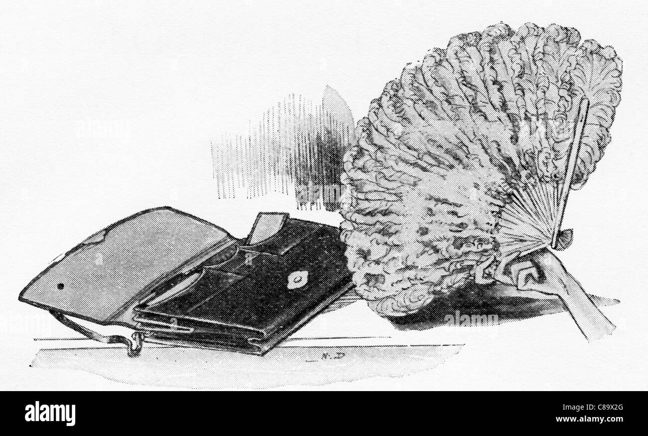 L'illustration de mode vers 1922. Sac à main en cuir et plumes d'autruche du ventilateur. Banque D'Images