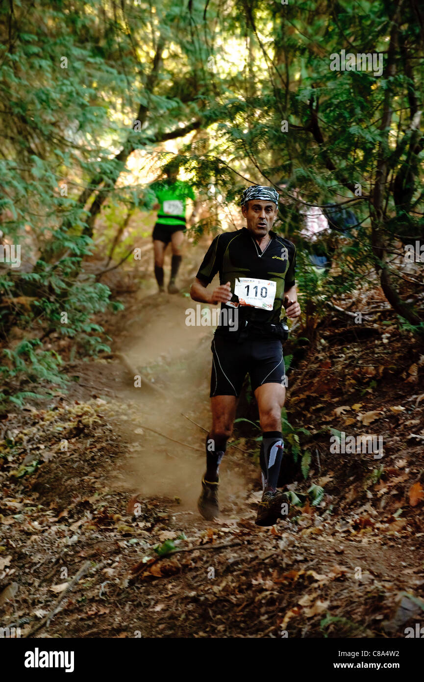 Homme qui court en descente cross country trail course en forêt Banque D'Images