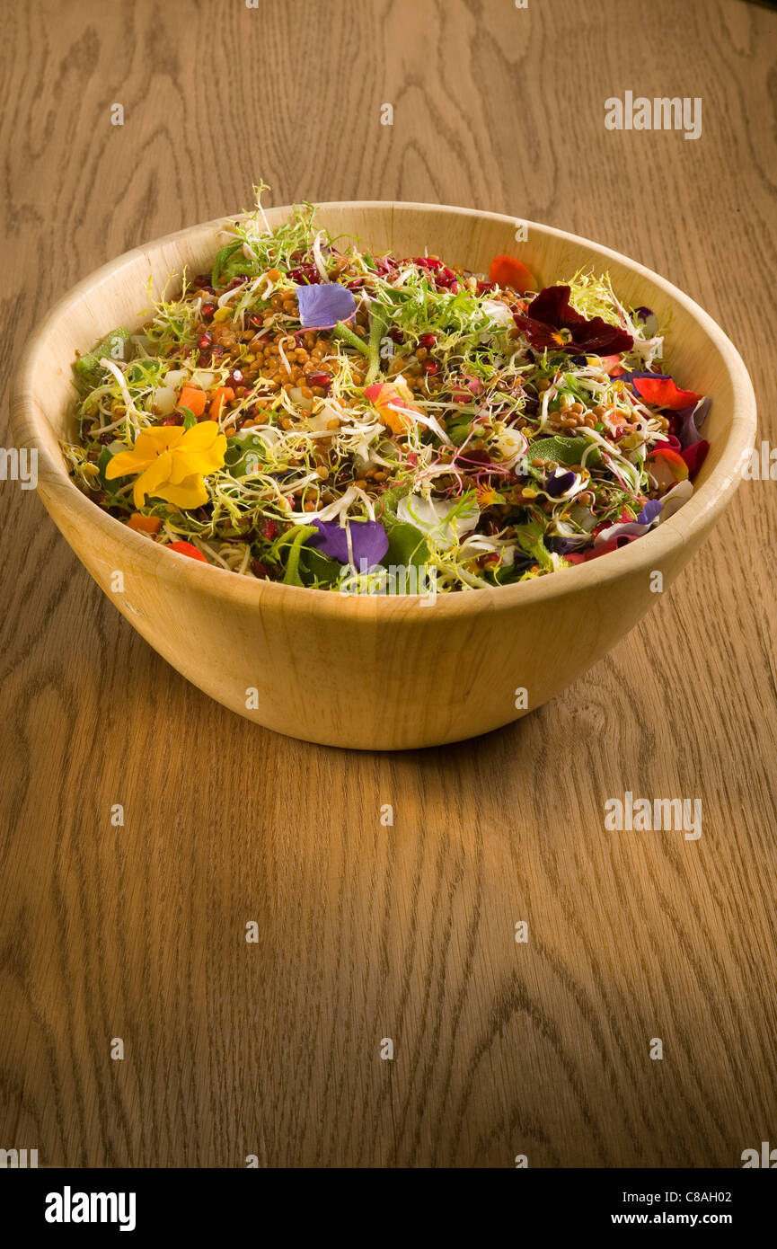 Salade de lentilles et de fleurs comestibles Banque D'Images