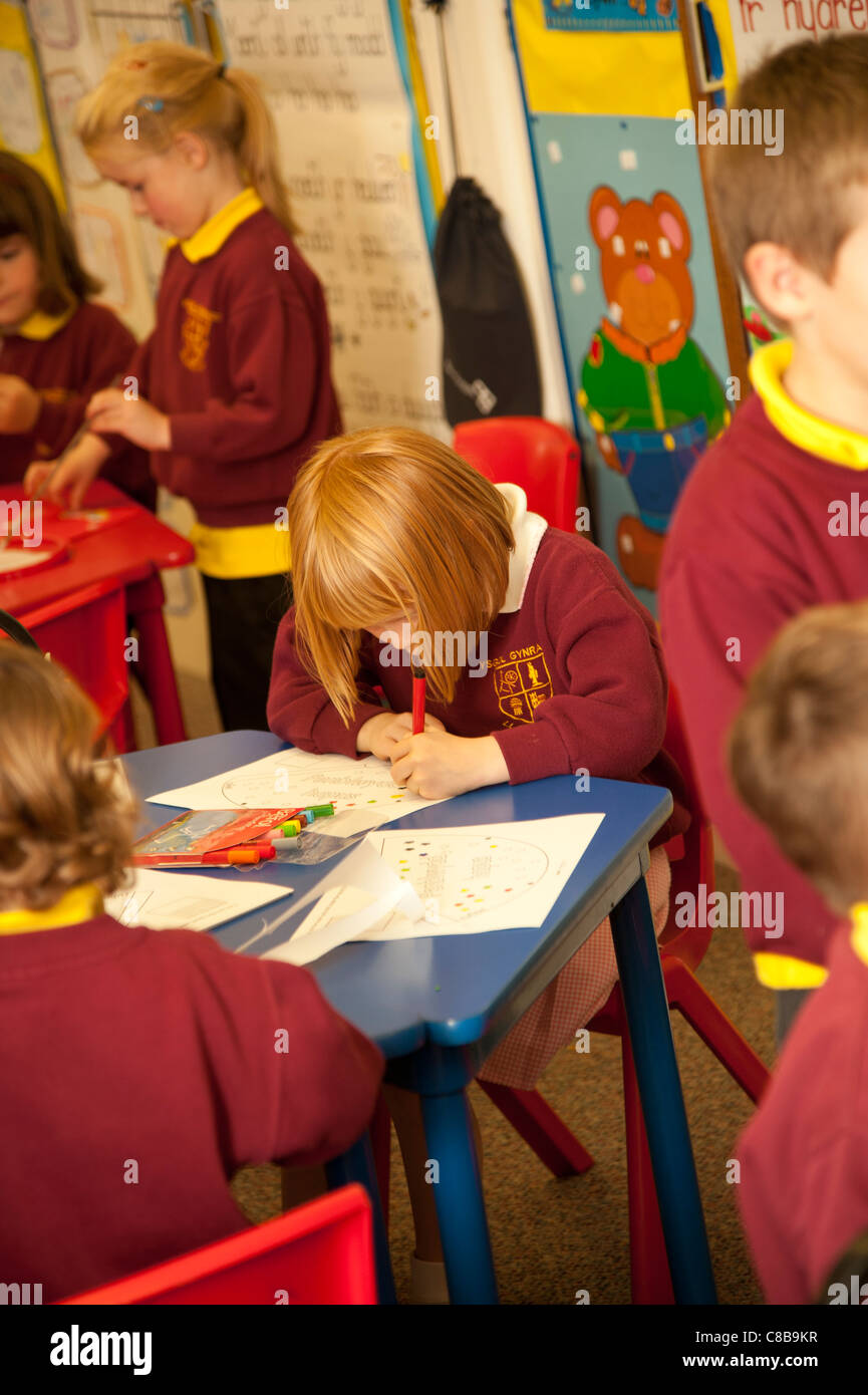 Les enfants de l'école primaire travaillant dans une salle de classe, le Pays de Galles UK Banque D'Images