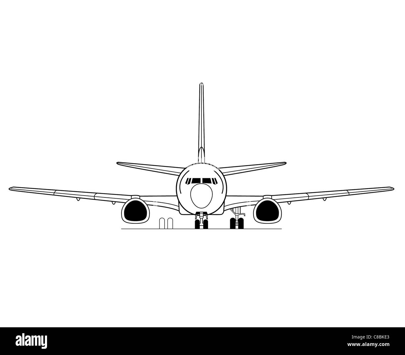 Un dessin au trait du Boeing 737-300, présentant la conception de l'avion sous trois angles. Le 737-300 est un modèle populaire de la série Boeing 737 utilisé pour les vols court et moyen-courriers. Banque D'Images