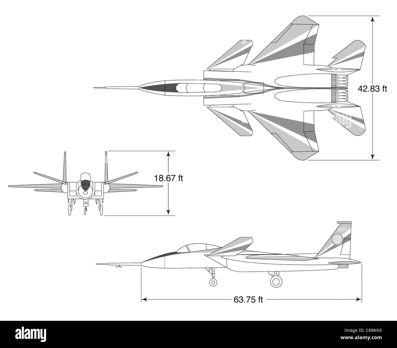 Ceci est un dessin au trait à trois vues de l'avion ACTIF, un avion de chasse F-15 modifié. L'illustration fournit une vue détaillée de côté, de dessus et de face de l'avion, mettant en évidence ses modifications pour des missions spécifiques. Banque D'Images