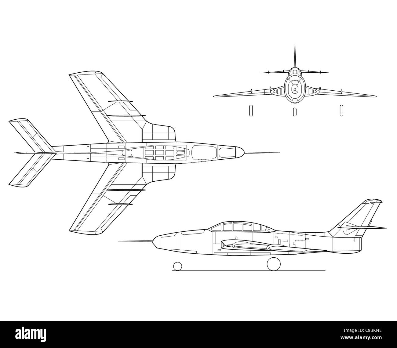 Ce dessin au trait montre trois vues du F-84F Thunderstreak et de sa variante, le YRF-84F, un chasseur-bombardier de l'United States Air Force. Le F-84F a été conçu pour des frappes nucléaires tactiques et un appui aérien rapproché, le YRF-84F étant une version de reconnaissance. Cet avion a joué un rôle essentiel pendant la guerre froide et la guerre de Corée, connu pour sa grande vitesse et sa maniabilité. Banque D'Images