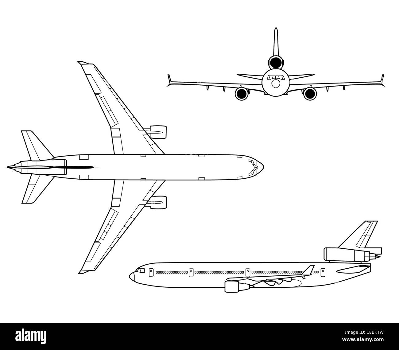 Ce dessin au trait à trois vues représente le McDonnell Douglas MD-11, un avion de ligne à long rayon d'action et gros-porteur. Il était principalement utilisé pour les voyages aériens commerciaux et les opérations de fret. Banque D'Images
